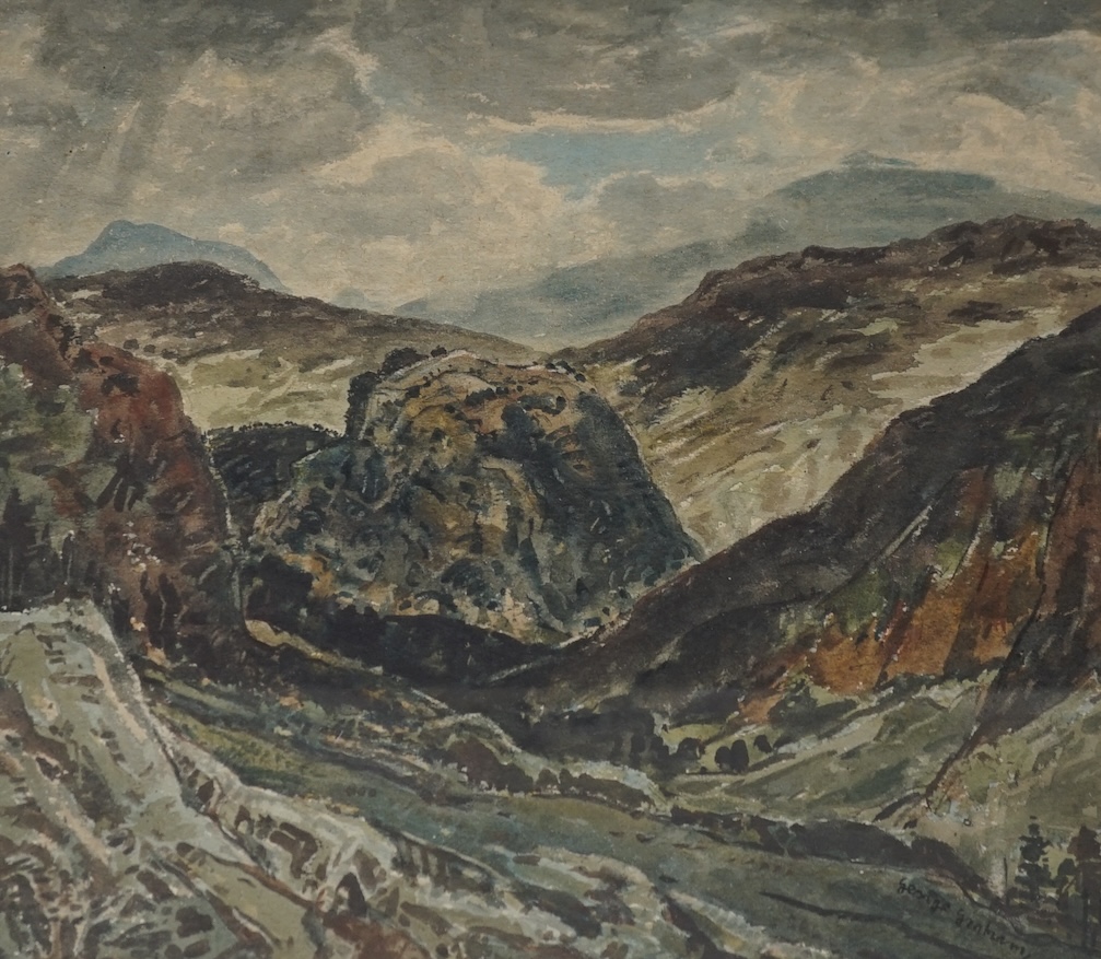 From the Studio of Fred Cuming. George Graham (1881-1949), watercolour, Mountainous landscape, signed, details verso, 27 x 31cm. Condition - fair to good